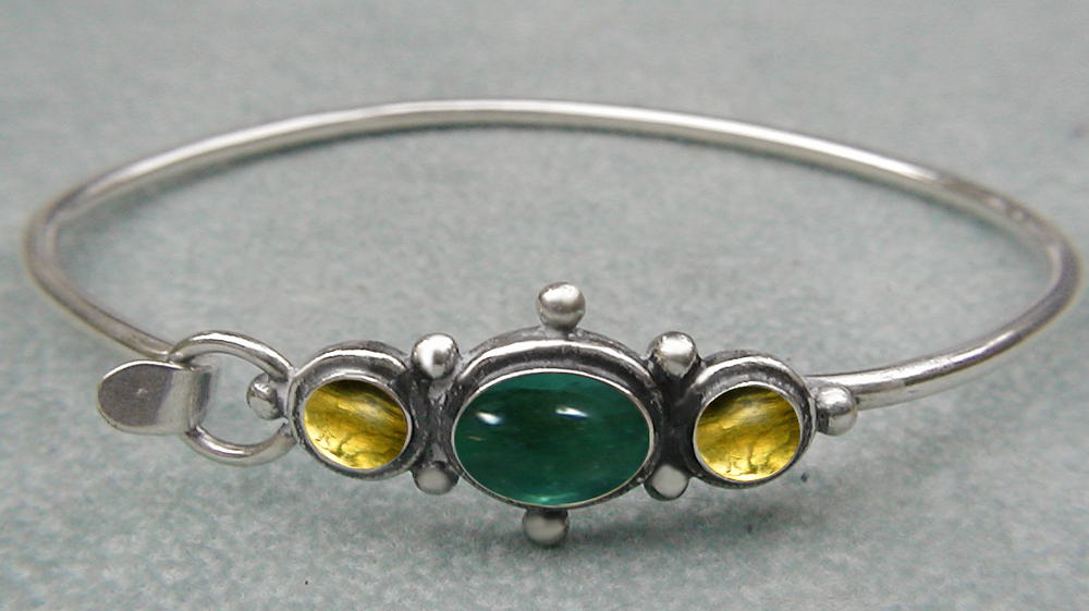 Sterling Silver Victorian Inspired Strap Latch Spring Hook Bangle Bracelet with Fluorite And Citrine